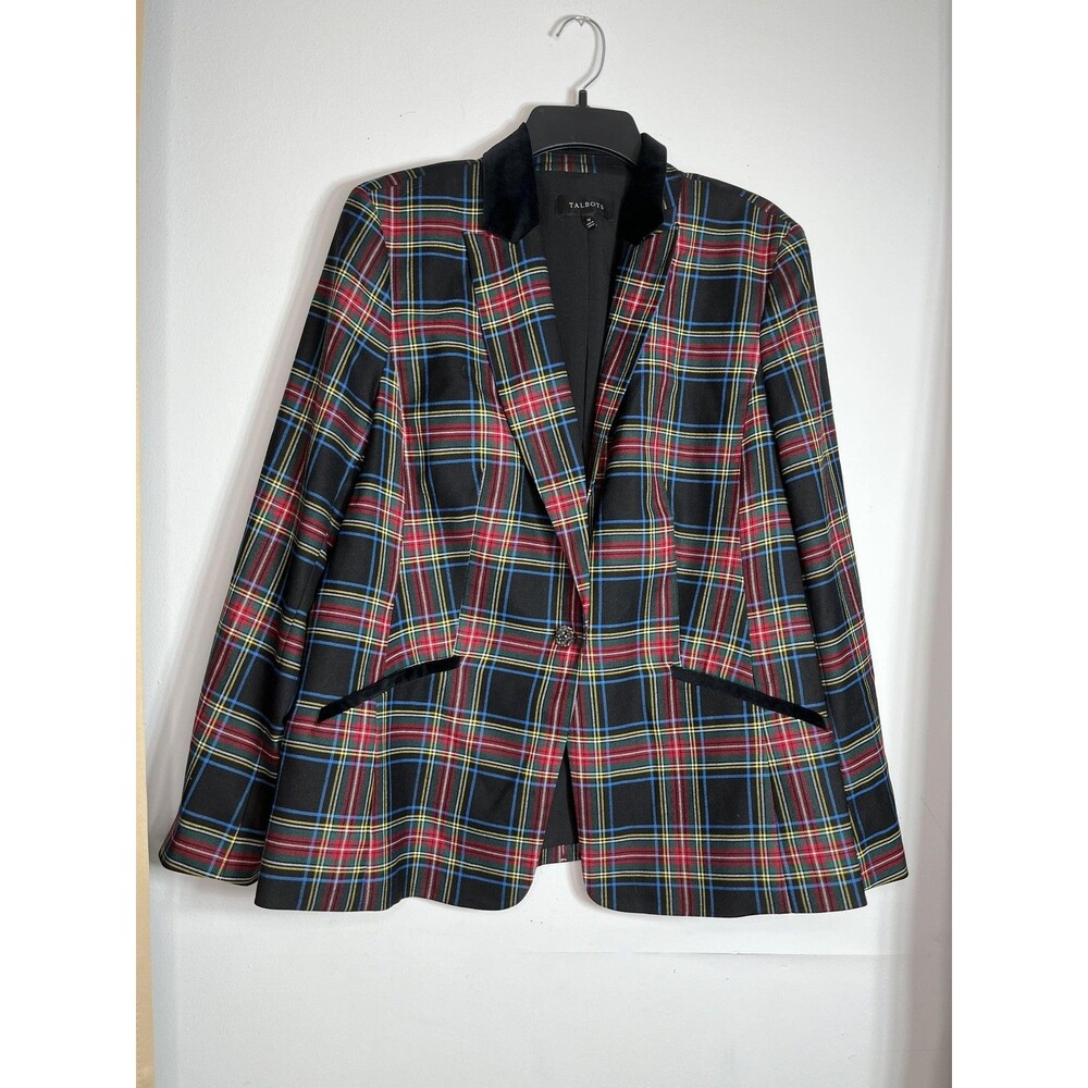 Talbots Blazer Womens 16 Multicolor Plaid Wool Velvet Collar